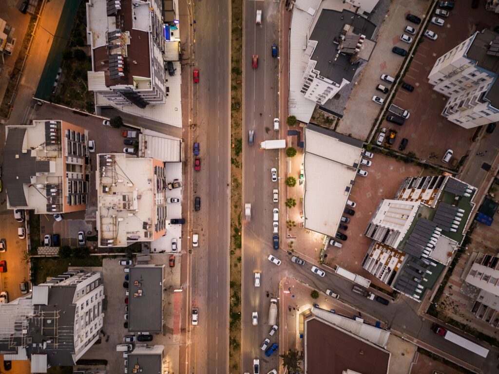 Aerial view street, streets and residential buildings at night time.